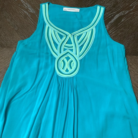 Vintage Zara Basic turquoise sleeveless embroidered neckline mini bubble dress - Picture 5 of 6